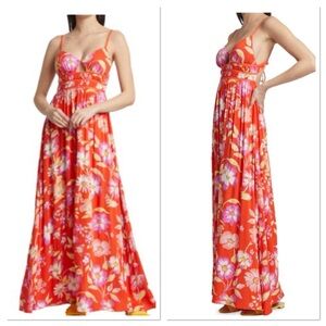FREE PEOPLE Wisteria Maxi Dress Floral Vibrant Orange Sz M Viscous